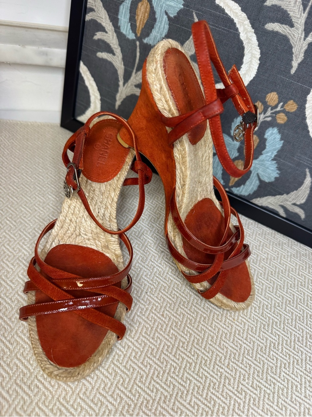Vintage CHANEL Y2K Terracotta Suede Patent Leather Espadrille Sandals 37